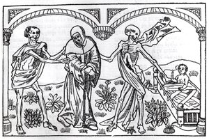 Døden tar tiggeren og barnet, fra Danse Macabre, publisert Paris, 1485